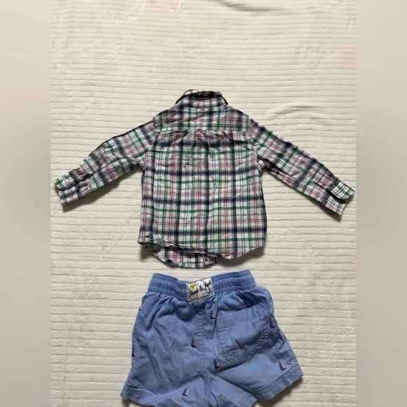 Janie and Jack Plaid Shirt, Blue Shorts, and Green Pants Set - Picture 4 of 7